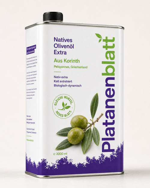Weißer Drei-Liter-Kanister mit violettem Platanenblatt-Schriftzug, grünen Oliven und der Aufschrift „Natives Olivenöl Extra aus Korinth“