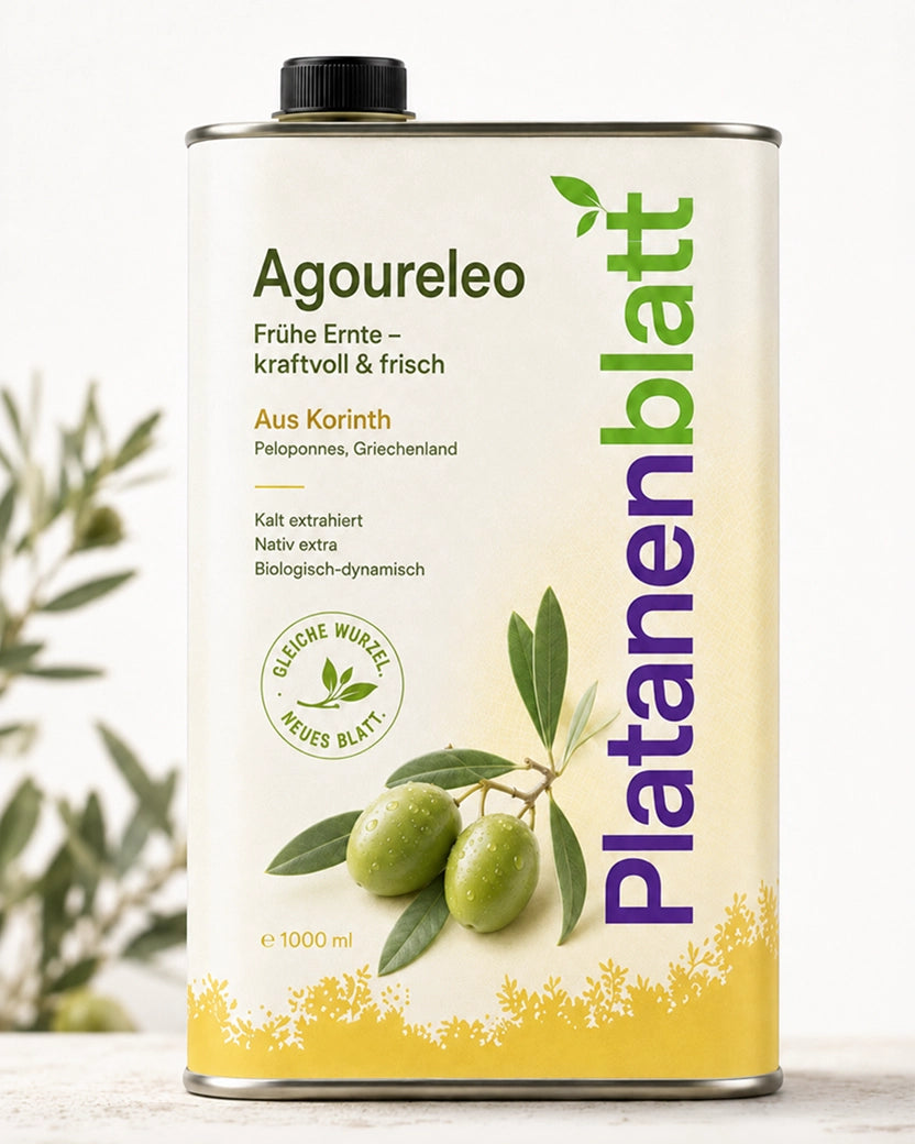 Ein-Liter-Kanister Agoureleo – früh geerntetes natives Bio-Olivenöl extra von Platanenblatt